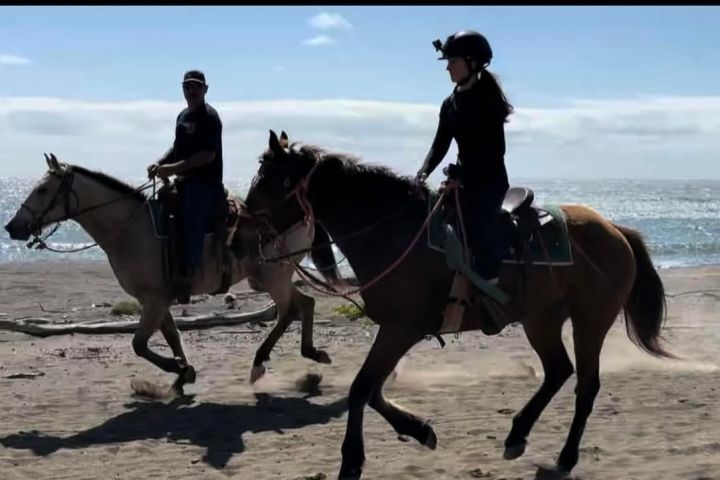 Two people horseback riding on a beach with the ocean in the background.