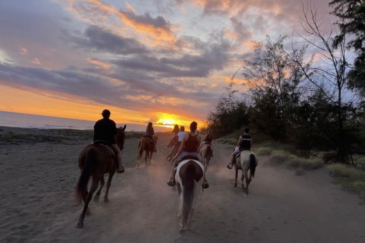 Group horseback riding on beach at sunset with colorful sky.