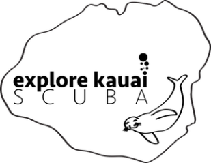 Logo with map outline, text 'explore kauai scuba', and a seal graphic.