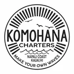 KOMOHAHA CHARTERS logo with waves and birds, text: 'NAPALI COAST KAUAI, HI', 'MAKE YOUR OWN WAVES'.
