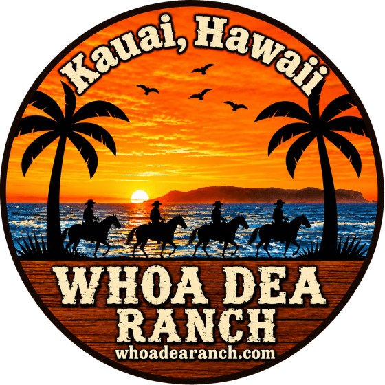 Logo: Riders on horses at sunset, Kauai, Hawaii, with palm trees, 'WHOA DEA RANCH' text.